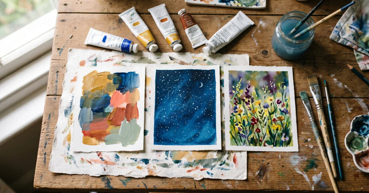 A wooden artist's table with three small acrylic paintings in progress: an abstract colour-block study, a night sky, and a loose wildflower meadow, with paint tubes and brushes