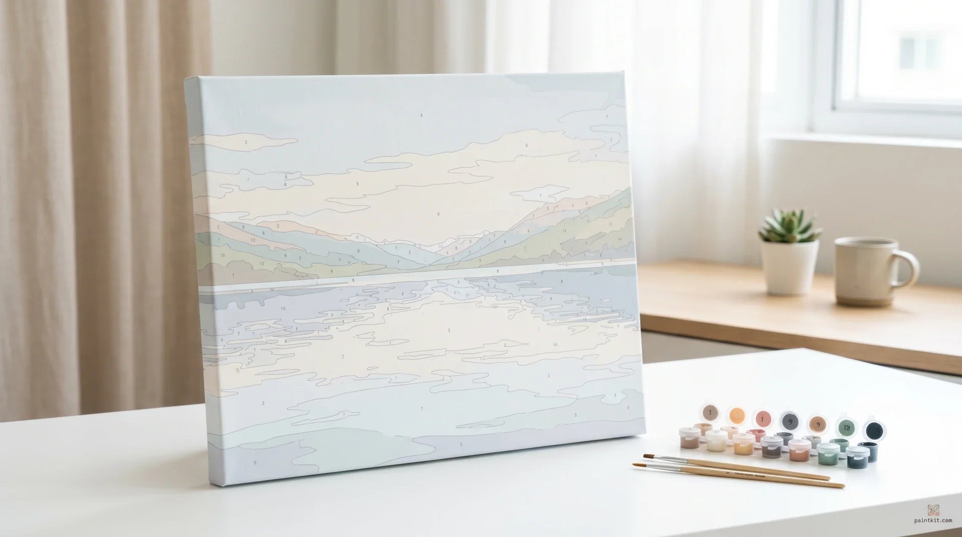 Paint by numbers stretched canvas of a lake landscape, colour-printed Paint Kit Studio kit