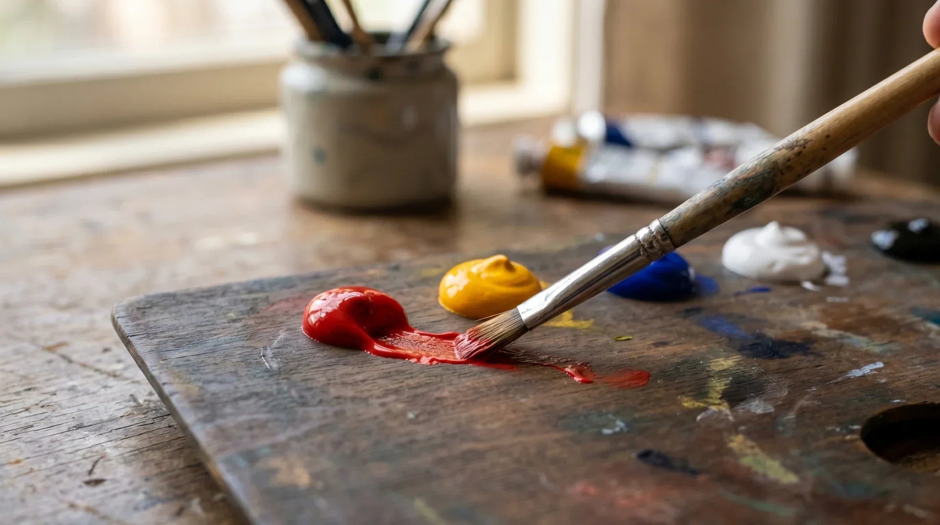 An artist's wooden palette with dollops of red, yellow, blue, and white acrylic paint, a fine brush mid-stroke pulling colour from the red dollop, window light