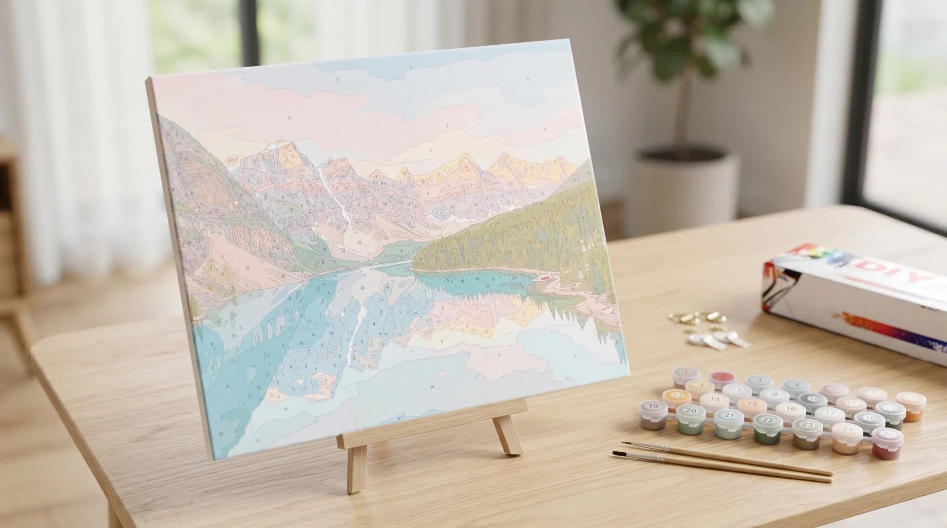 Paint by numbers canvas of a mountain lake at sunrise, colour-printed Paint Kit Studio kit