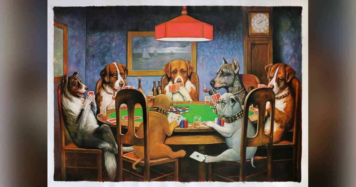 Cassius Marcellus Coolidge, A Friend in Need (1903) — the most famous painting of the Dogs Playing Poker series, framed with a blurred-self background