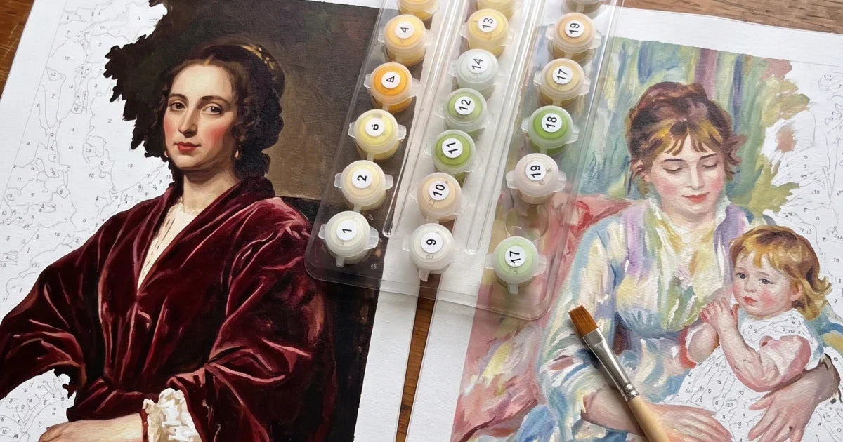 Two paint-by-numbers canvases of historical paintings - a Baroque portrait and an Impressionist mother-and-child - with PKS paint pots between them