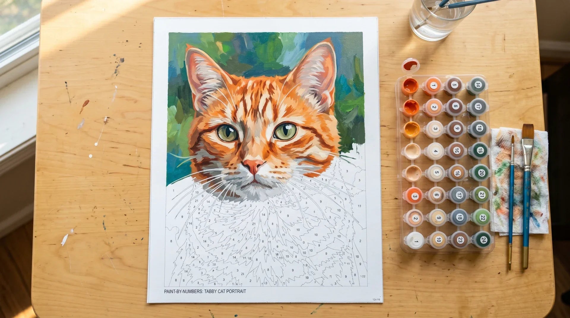 Overhead view of a partially painted paint-by-numbers canvas of an orange tabby cat portrait with a 24-pot paint tray and brushes on a light wooden table
