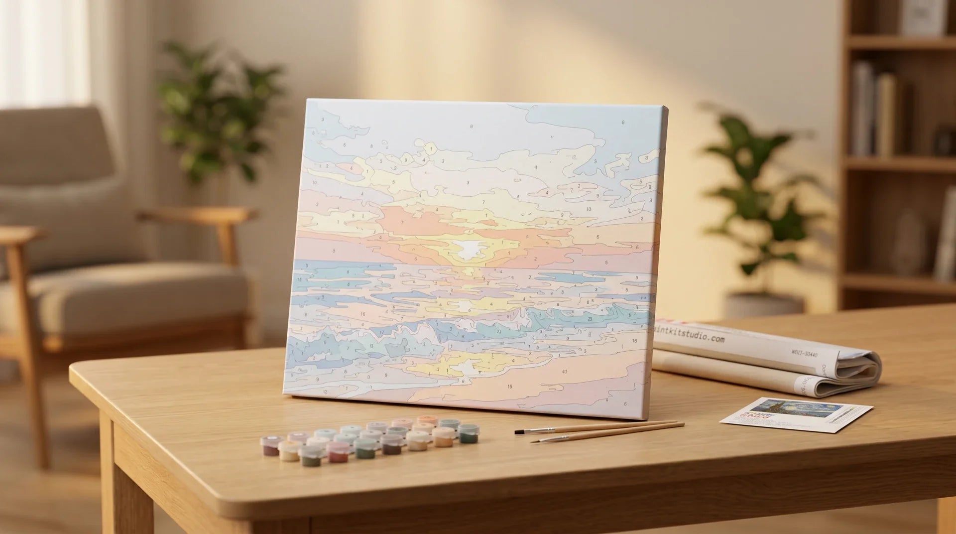 Paint by numbers canvas of an ocean sunset, colour-printed Paint Kit Studio kit