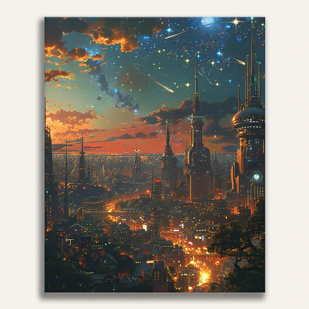 Futuristic City Sunset - Framed Paint by Numbers Kit