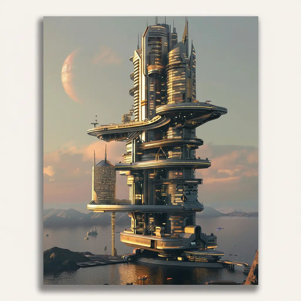 Futuristic City Tower - Framed Paint by Numbers Kit