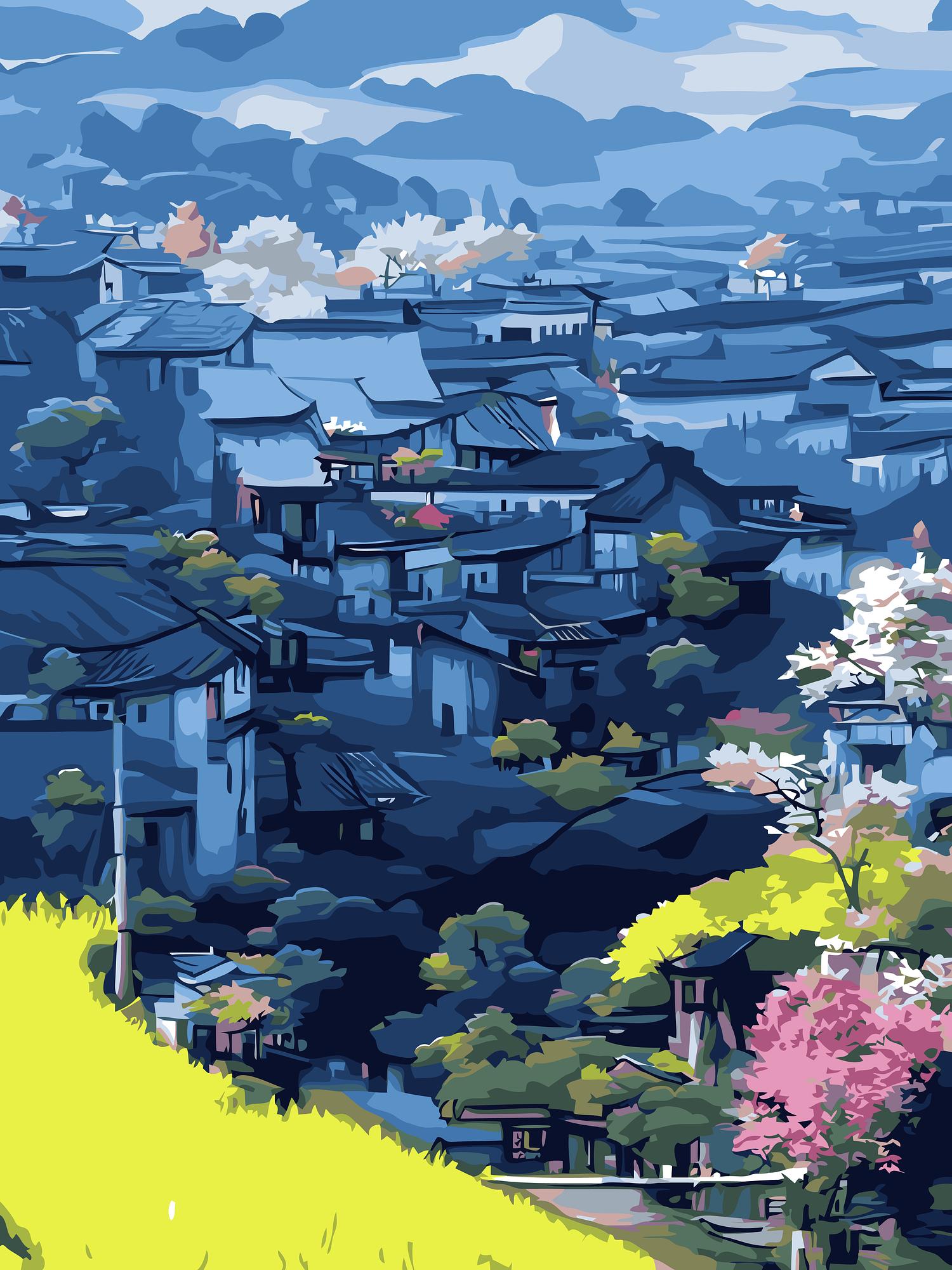 Blue Village Landscape | Paint By Numbers Kit