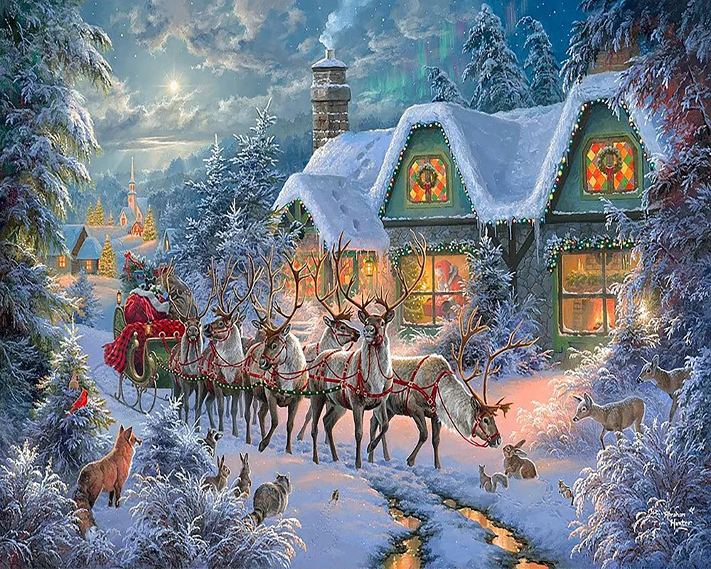 Reindeer Sleigh Snow Cottage | Paint By Numbers Kit