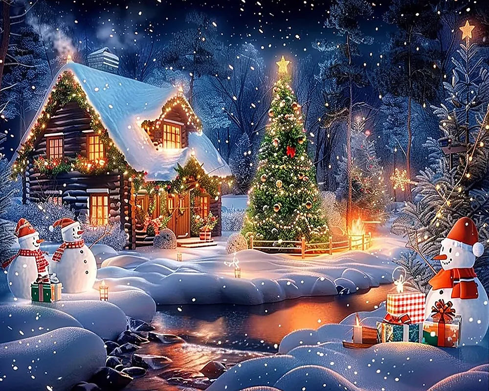 Snowy Cabin Christmas Night | Paint By Numbers Kit