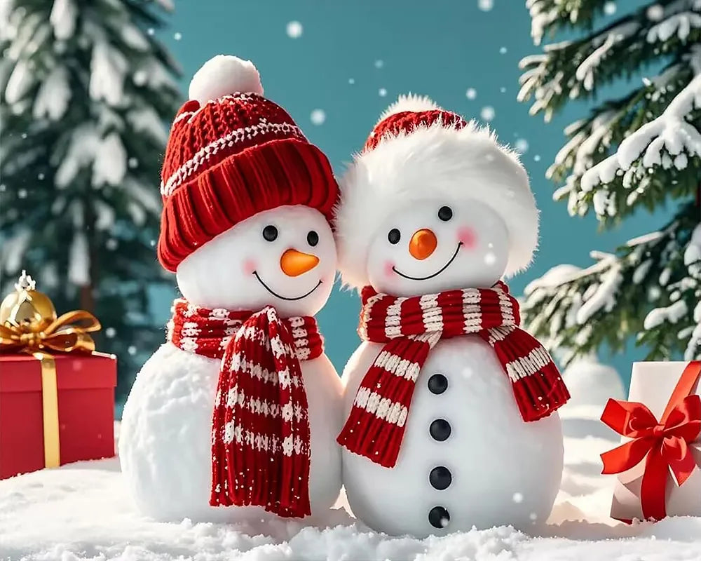 Snowman Couple In Scarves | Paint By Numbers Kit