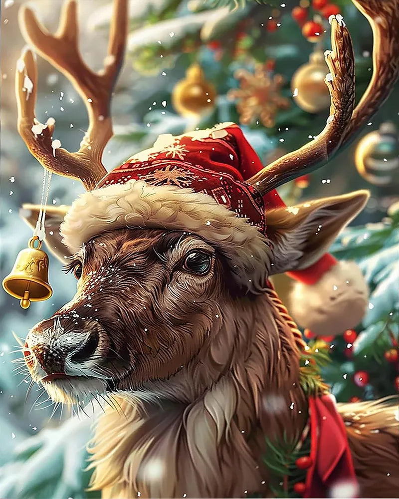Reindeer In Santa Hat | Paint By Numbers Kit