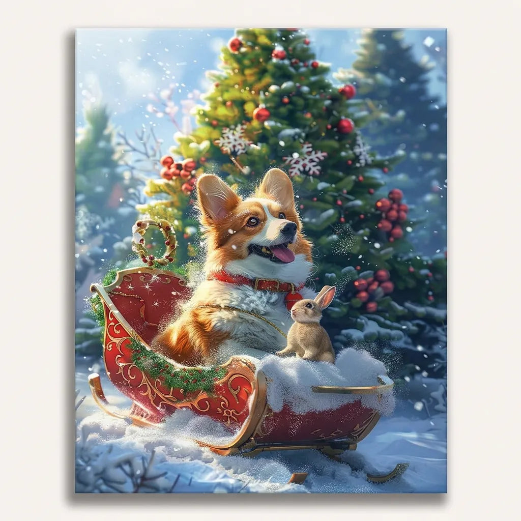 Corgi Winter Sled Ride | Paint By Numbers Kit