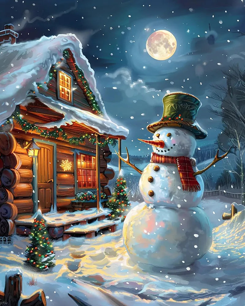 Snowman Outside Log Cabin | Paint By Numbers Kit