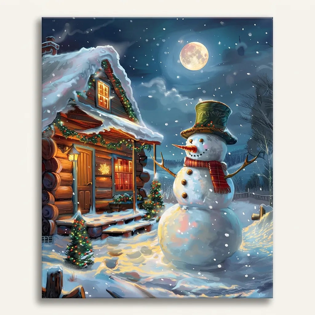 Snowman Outside Log Cabin | Paint By Numbers Kit