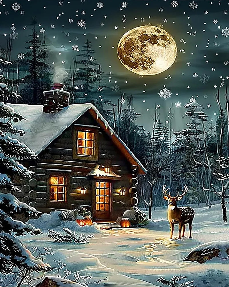 Autumn Pumpkin Cabin Moonlight | Paint By Numbers Kit