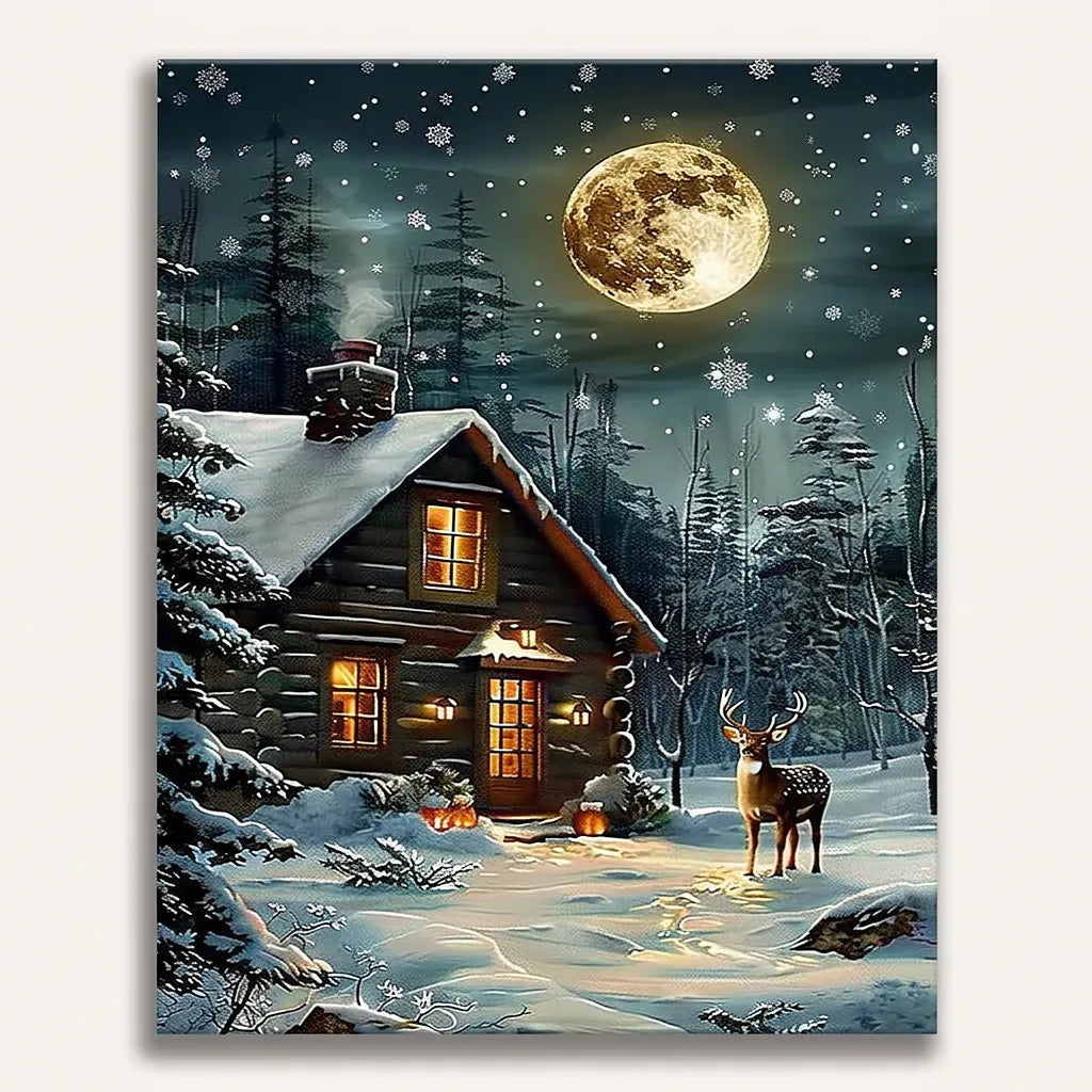 Autumn Pumpkin Cabin Moonlight | Paint By Numbers Kit