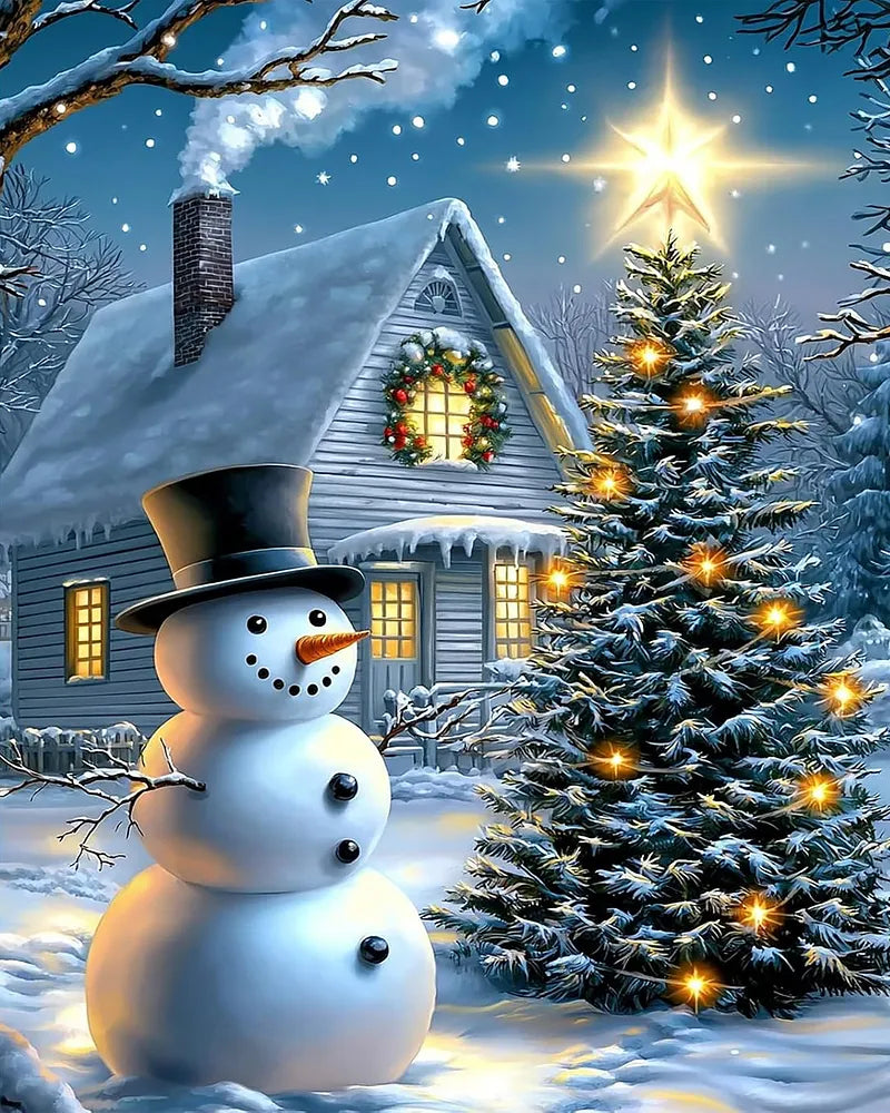 Starlit Snowman Cabin | Paint By Numbers Kit