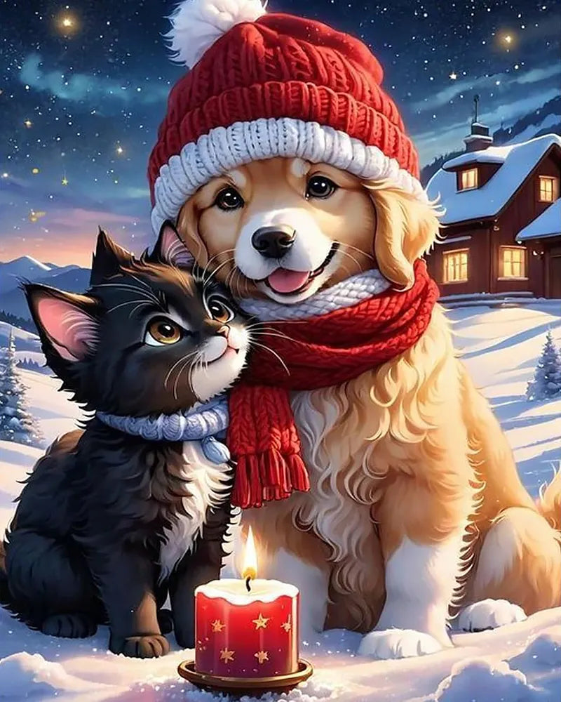 Puppy Kitten Christmas Hug | Paint By Numbers Kit