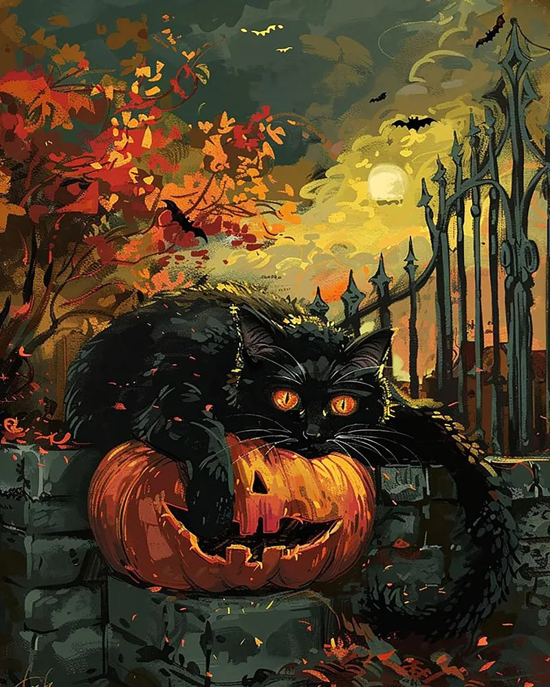 Black Cat Pumpkin Perch | Paint By Numbers Kit
