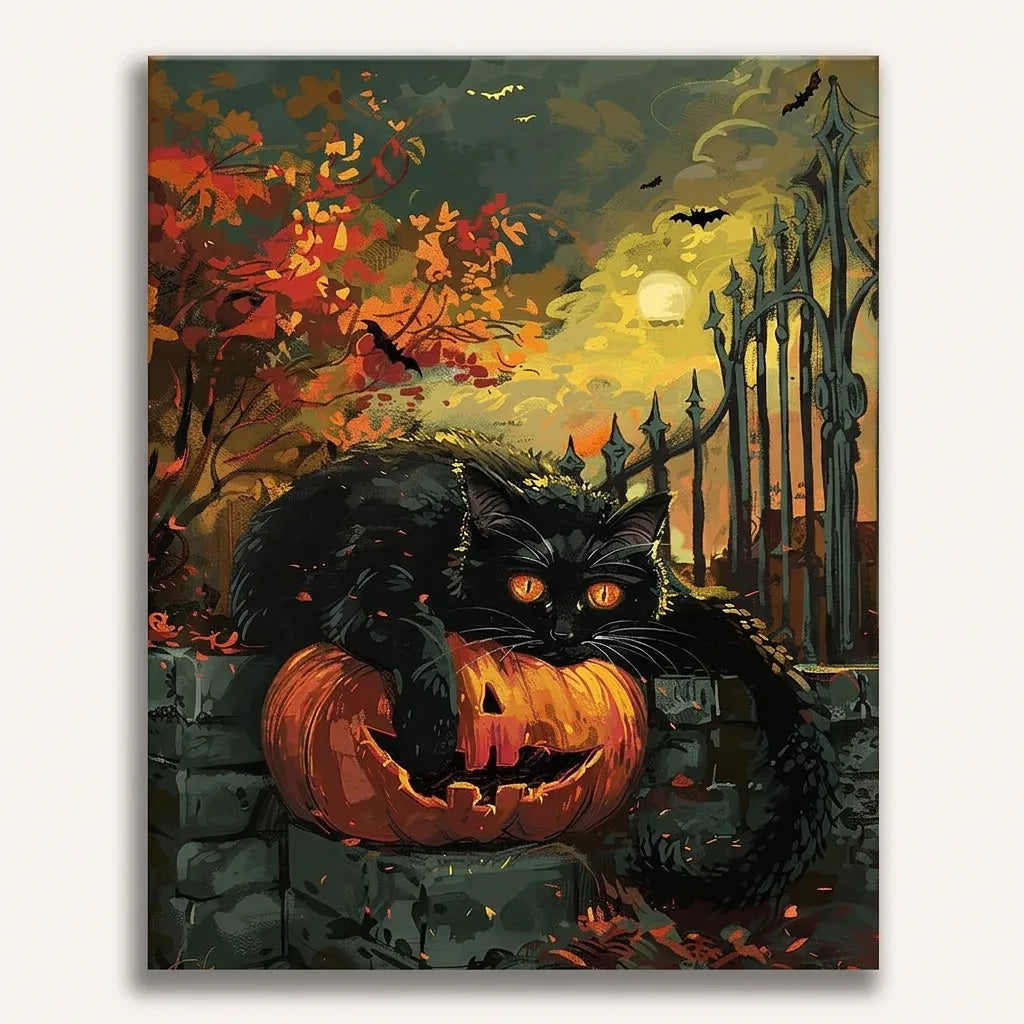 Black Cat Pumpkin Perch | Paint By Numbers Kit