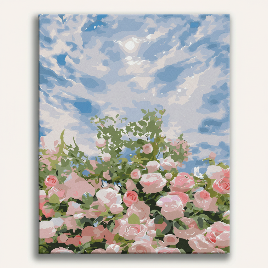 Canvas print with pink roses and green leaves against a blue sky with clouds.