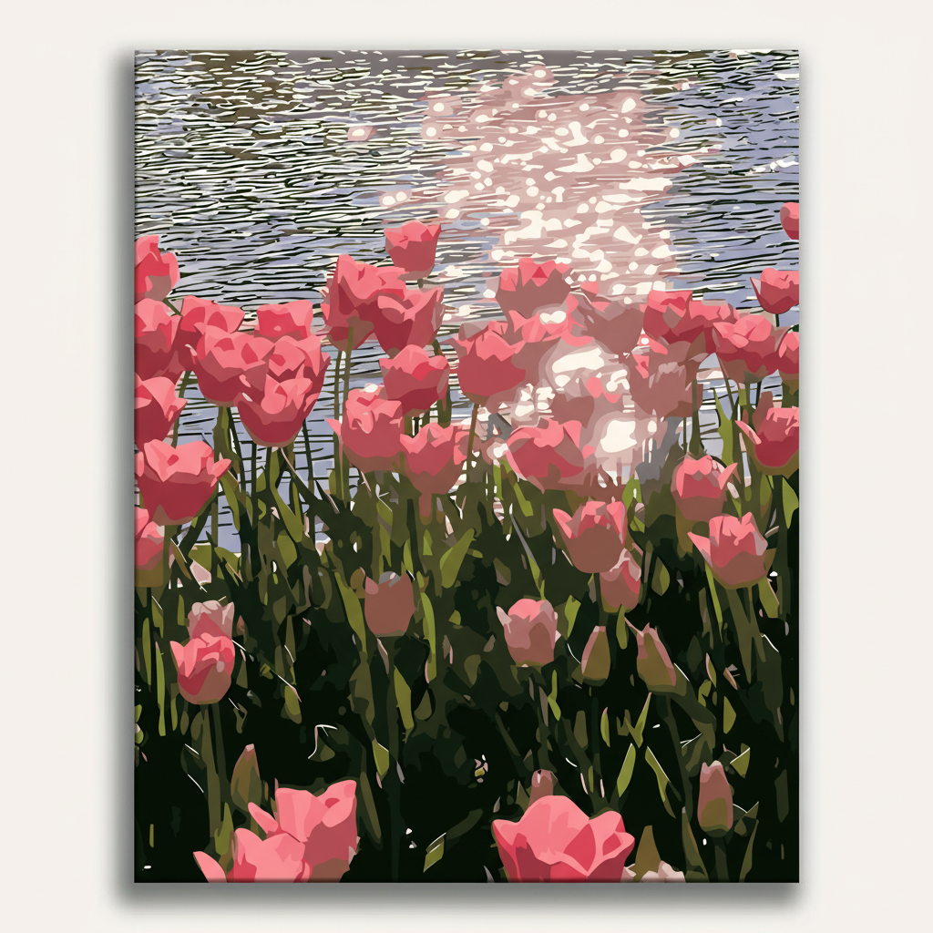 Artistic depiction of pink tulips with a reflective water surface