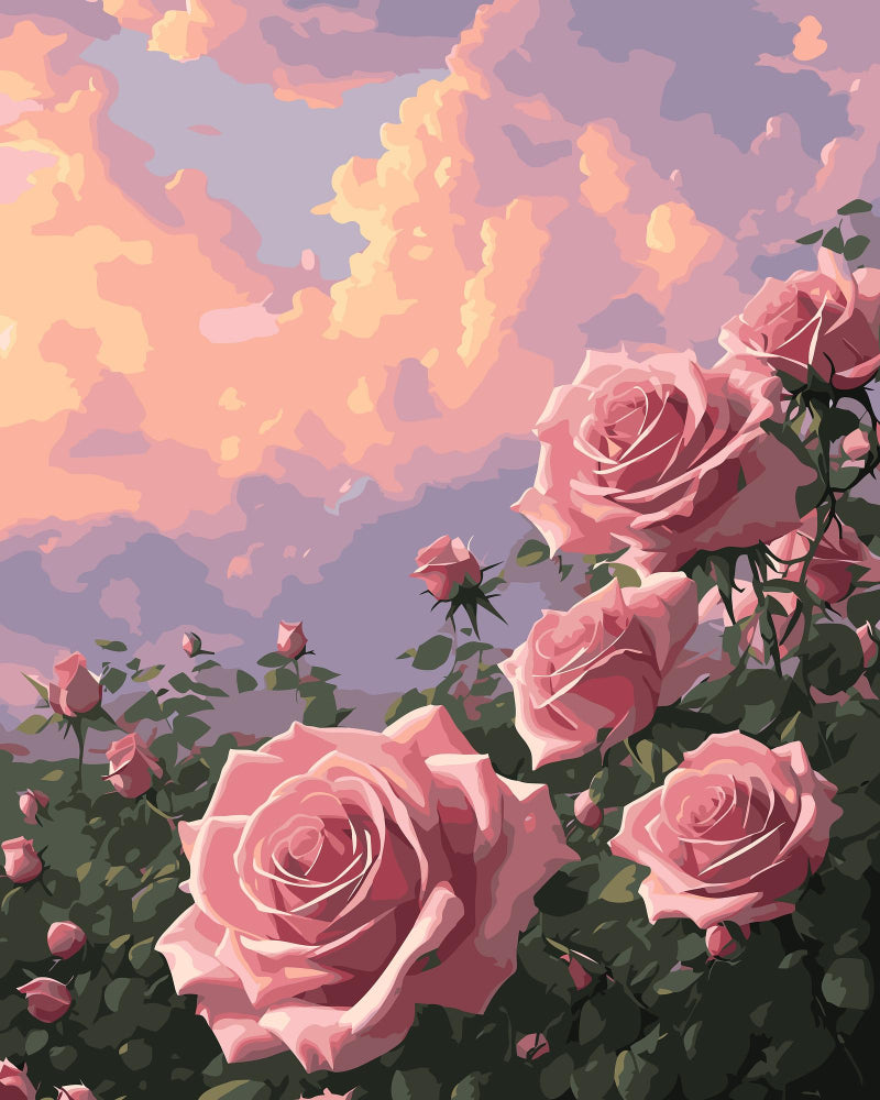 Pink roses with a colorful sky in the background