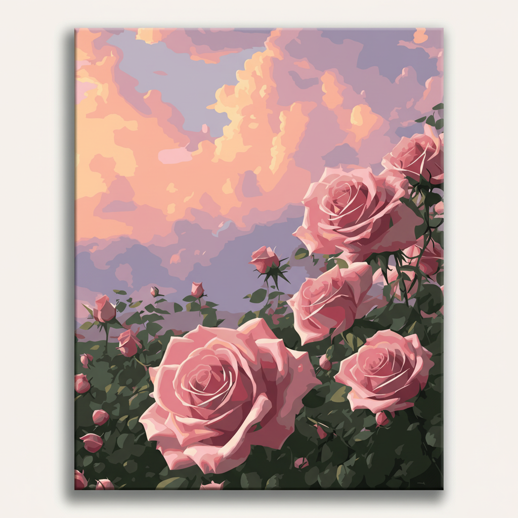 Painting of pink roses against a colorful sky