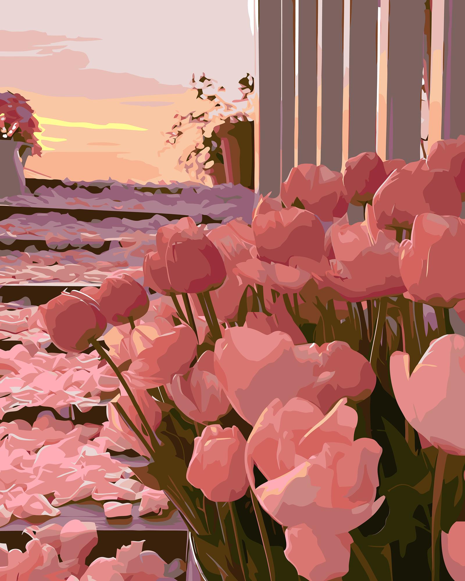 Pink tulips in a garden with a sunset in the background