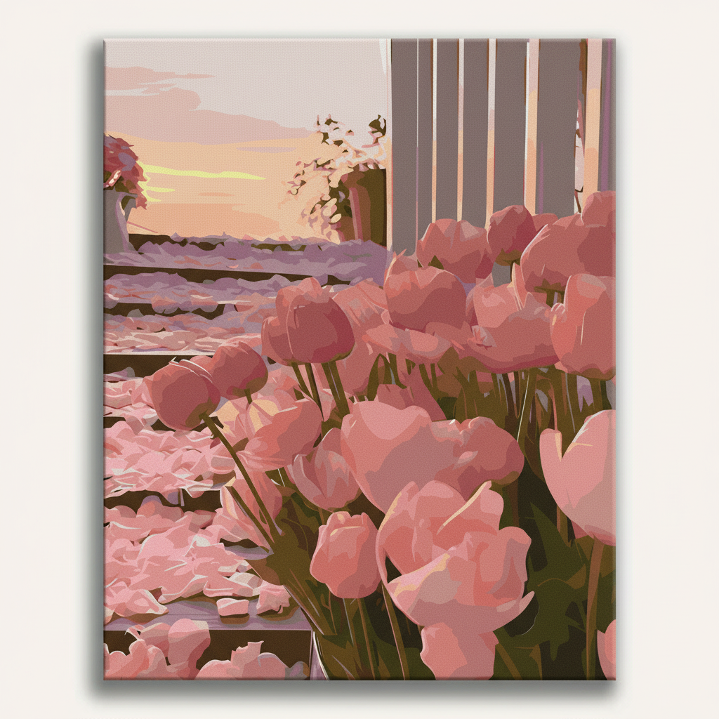 Canvas print of pink tulips with a sunset landscape in the background