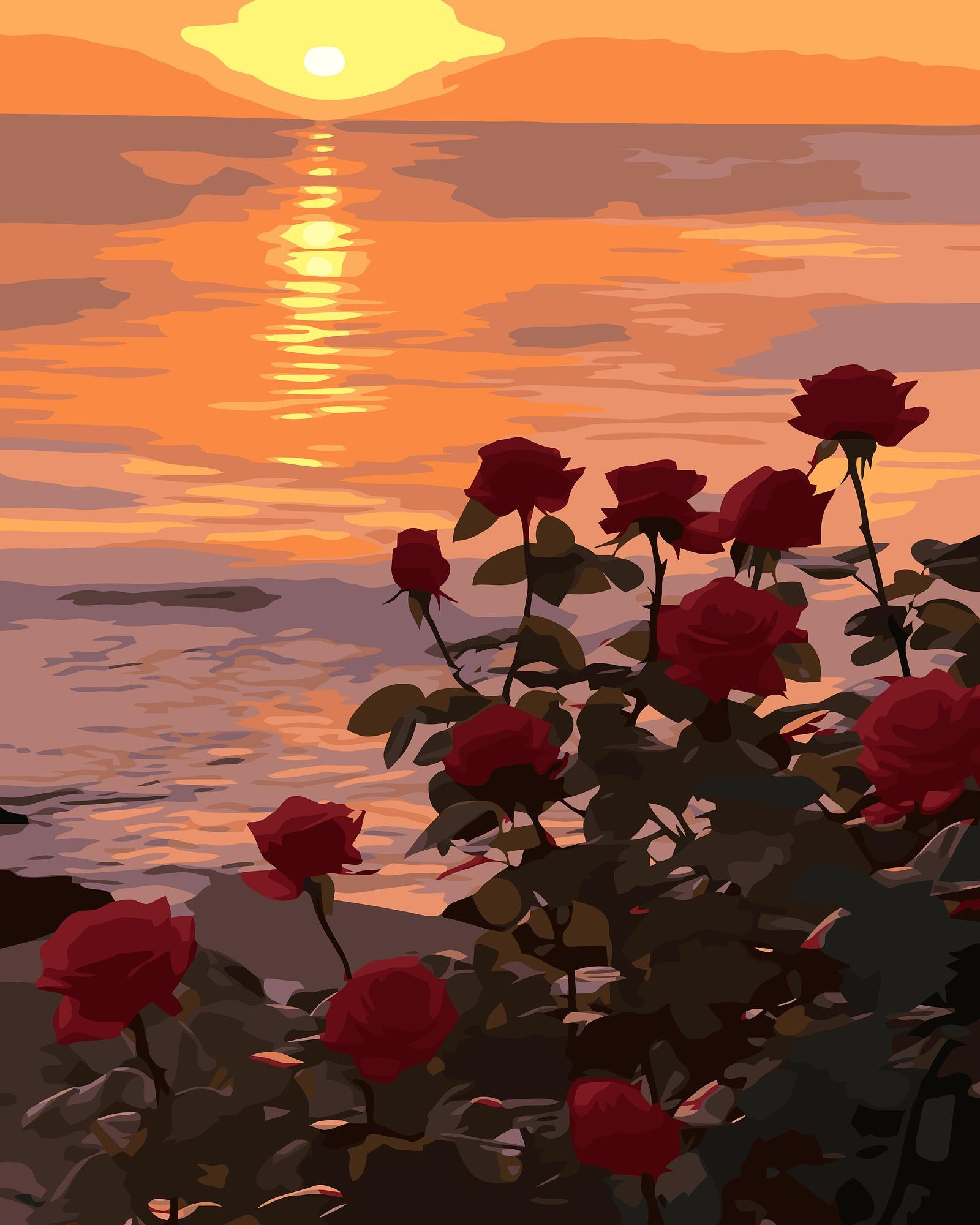 Red roses by a sunset over water