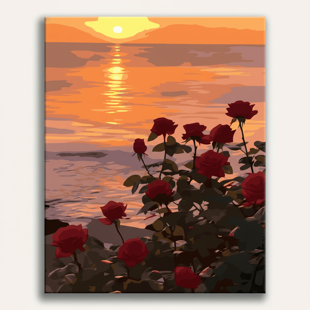 Art print of red roses in front of a sunset over water