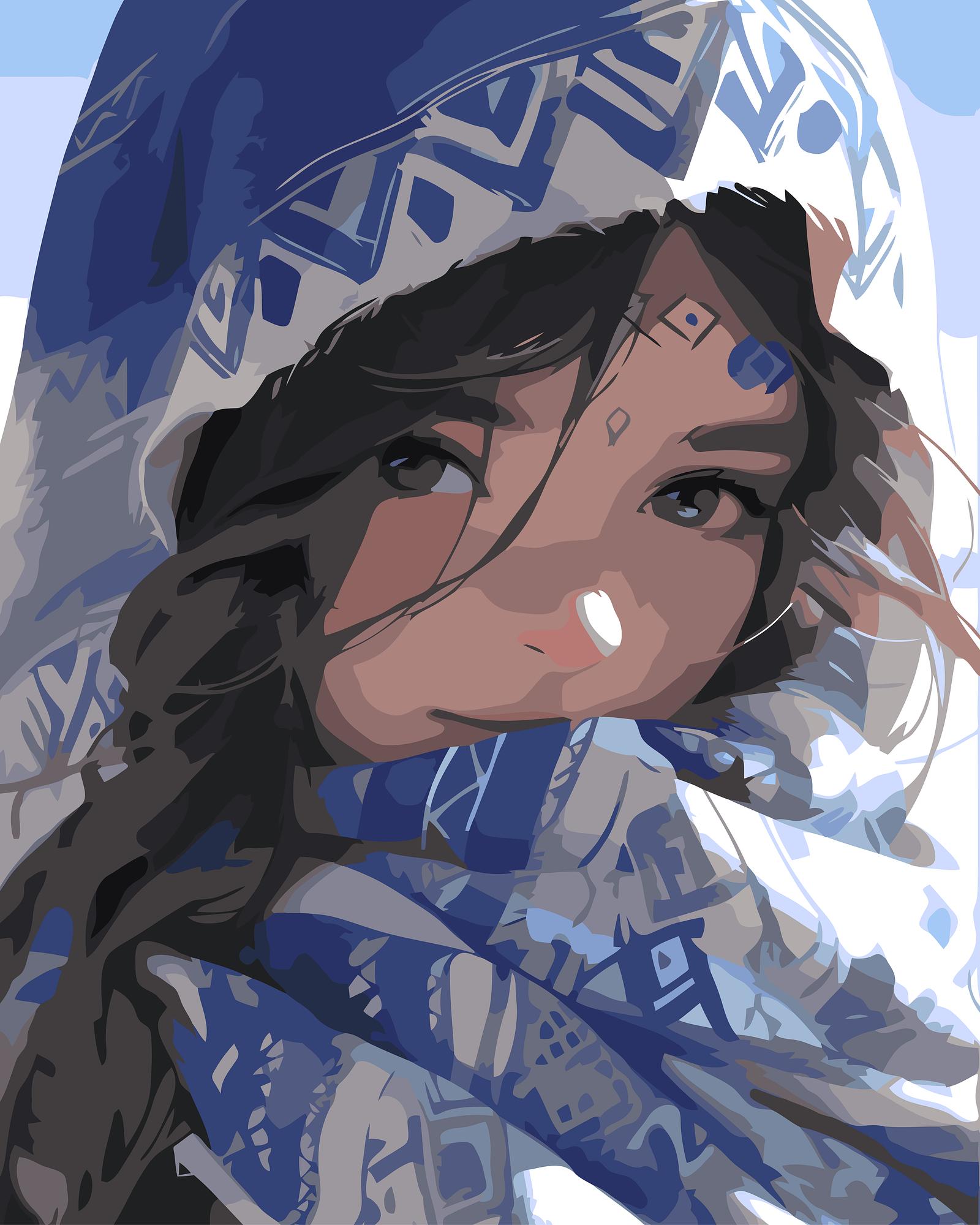 Artistic depiction of a character with intricate patterns on clothing and headgear