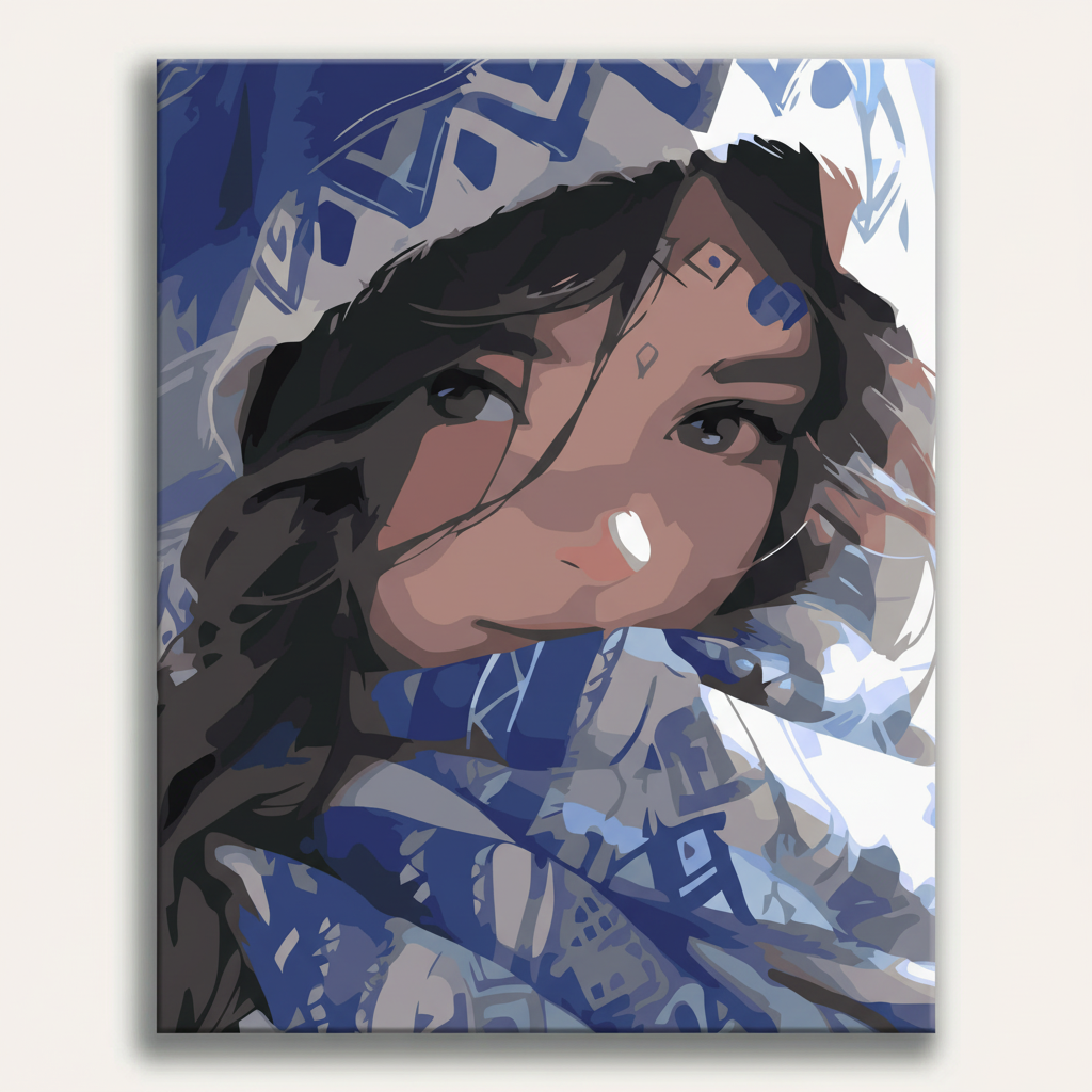Artistic depiction of a character with dark hair and blue accents on a patterned background