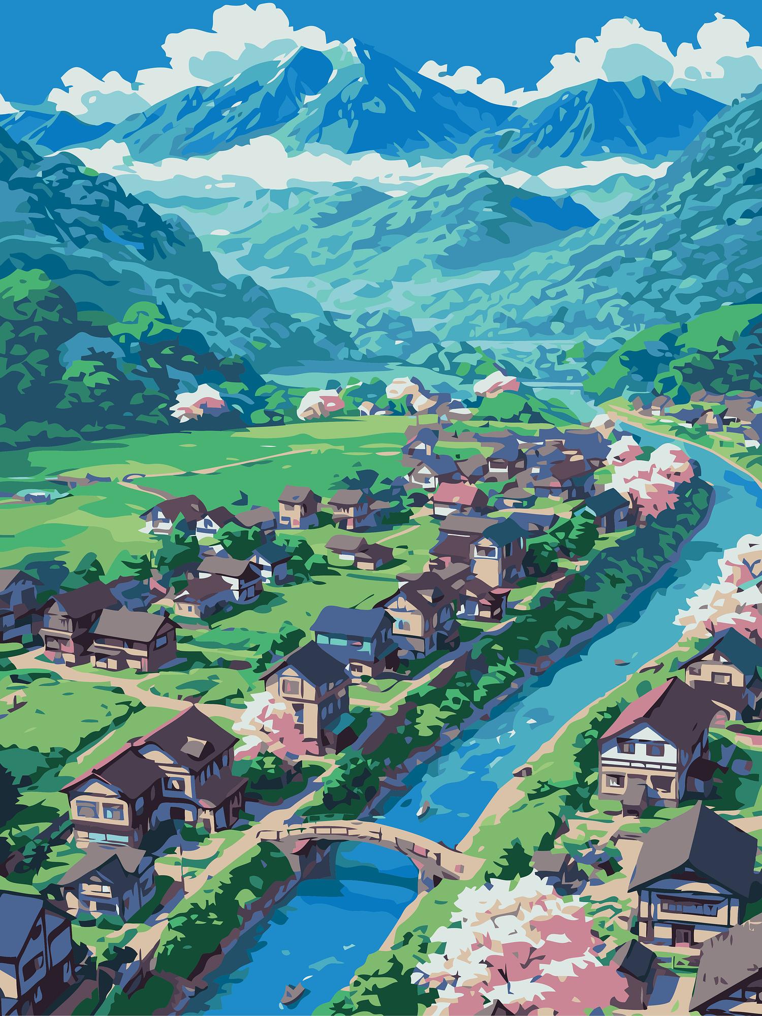 Mountain Village Landscape | Paint By Numbers Kit