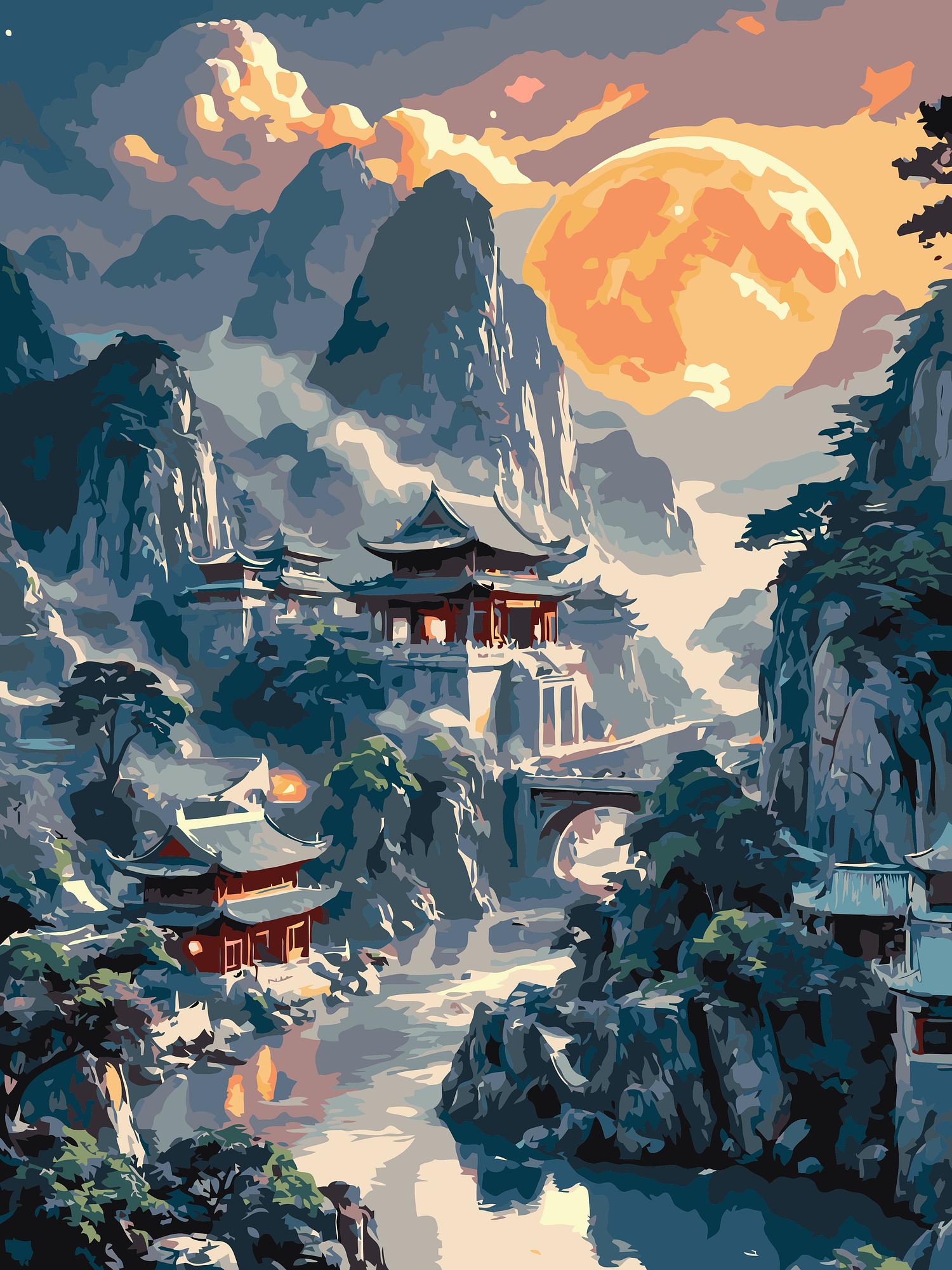 Mountain Temple Painting | Paint By Numbers Kit