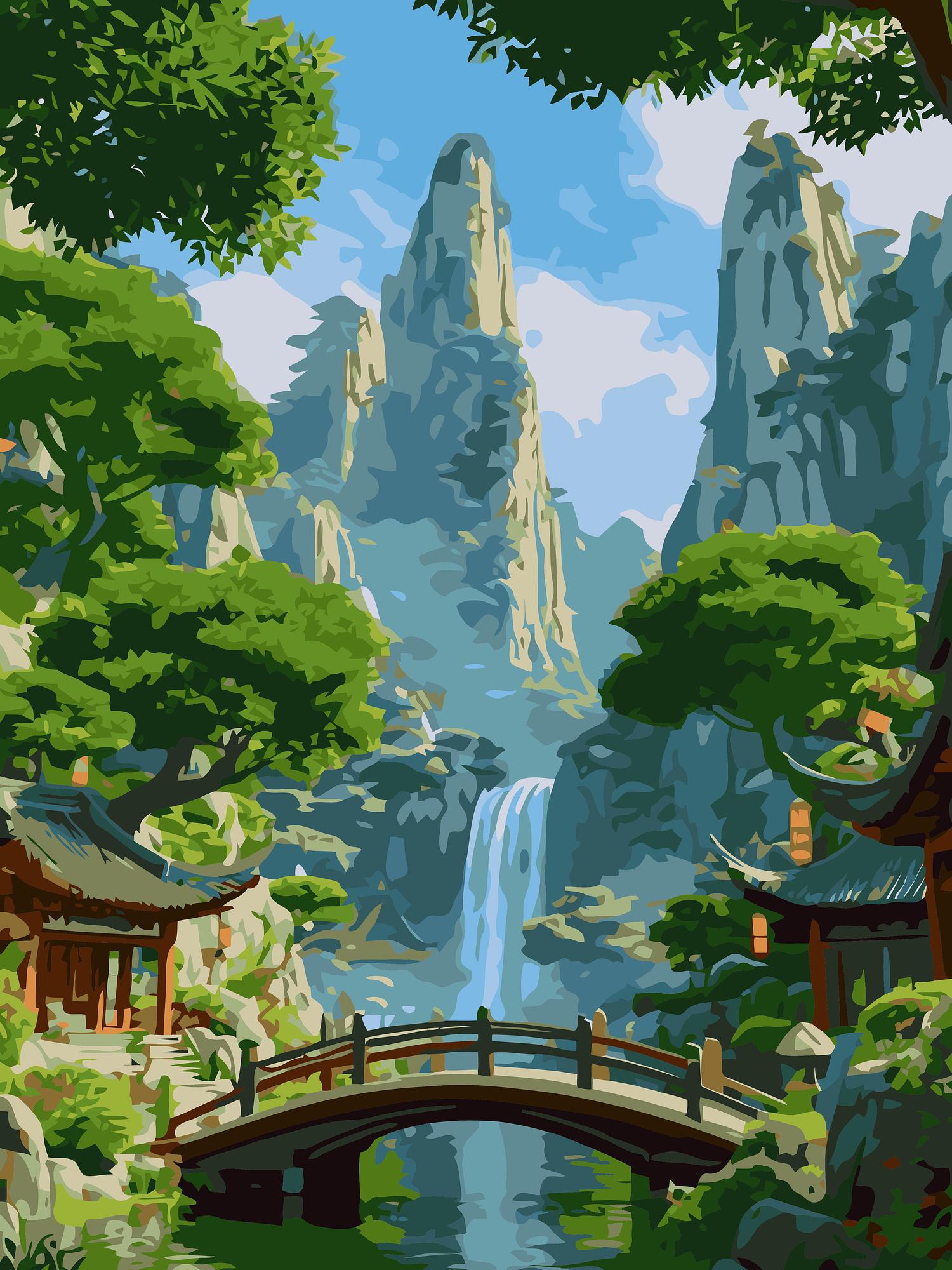 Mountain Temple Waterfall | Paint By Numbers Kit