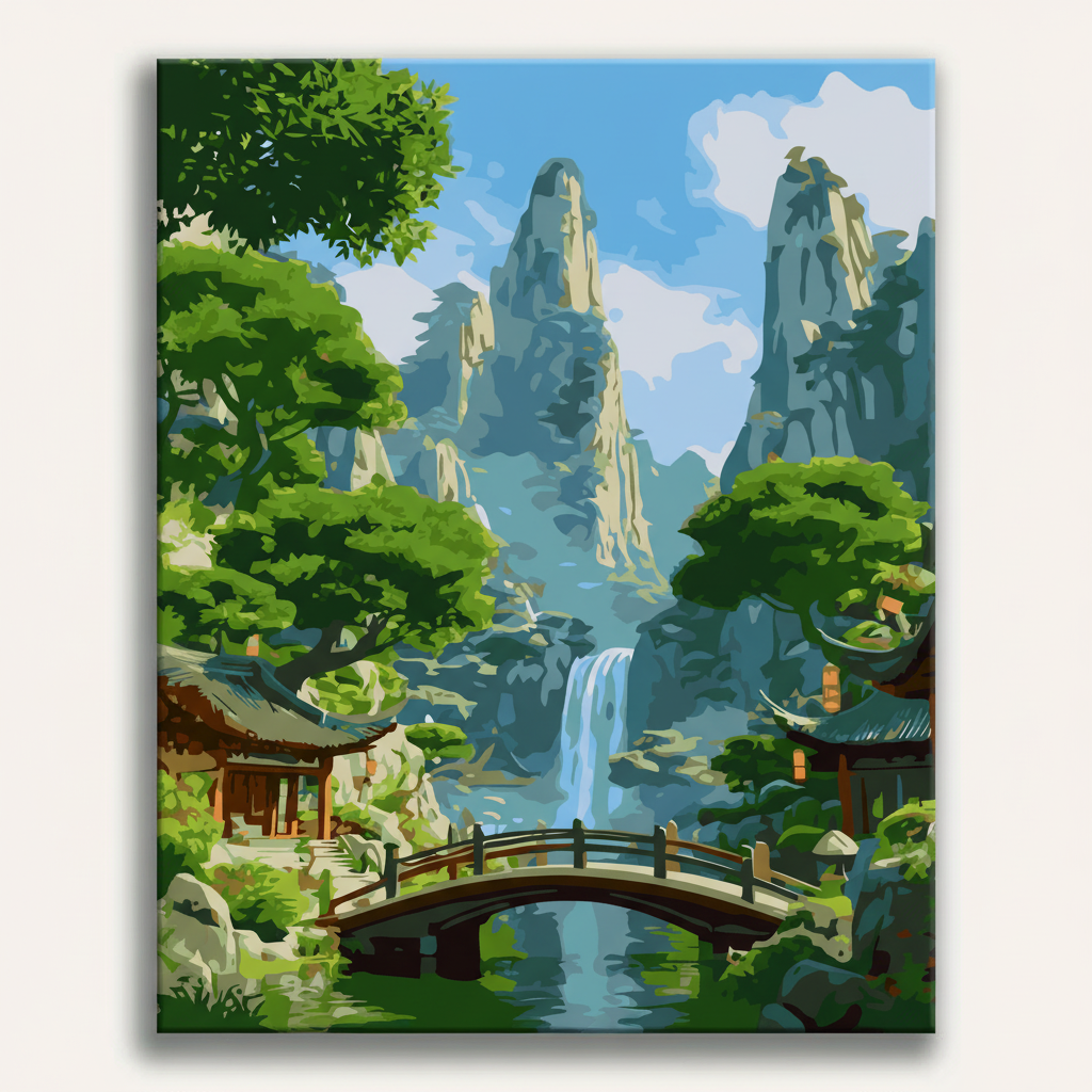 Mountain Temple Waterfall | Paint By Numbers Kit