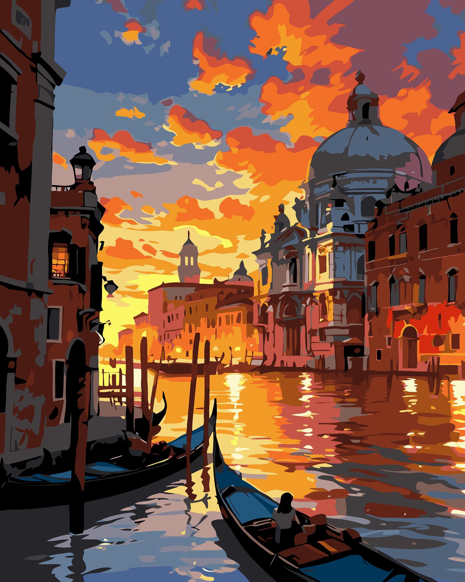 Venetian canal with gondolas at sunset, colorful sky and buildings.