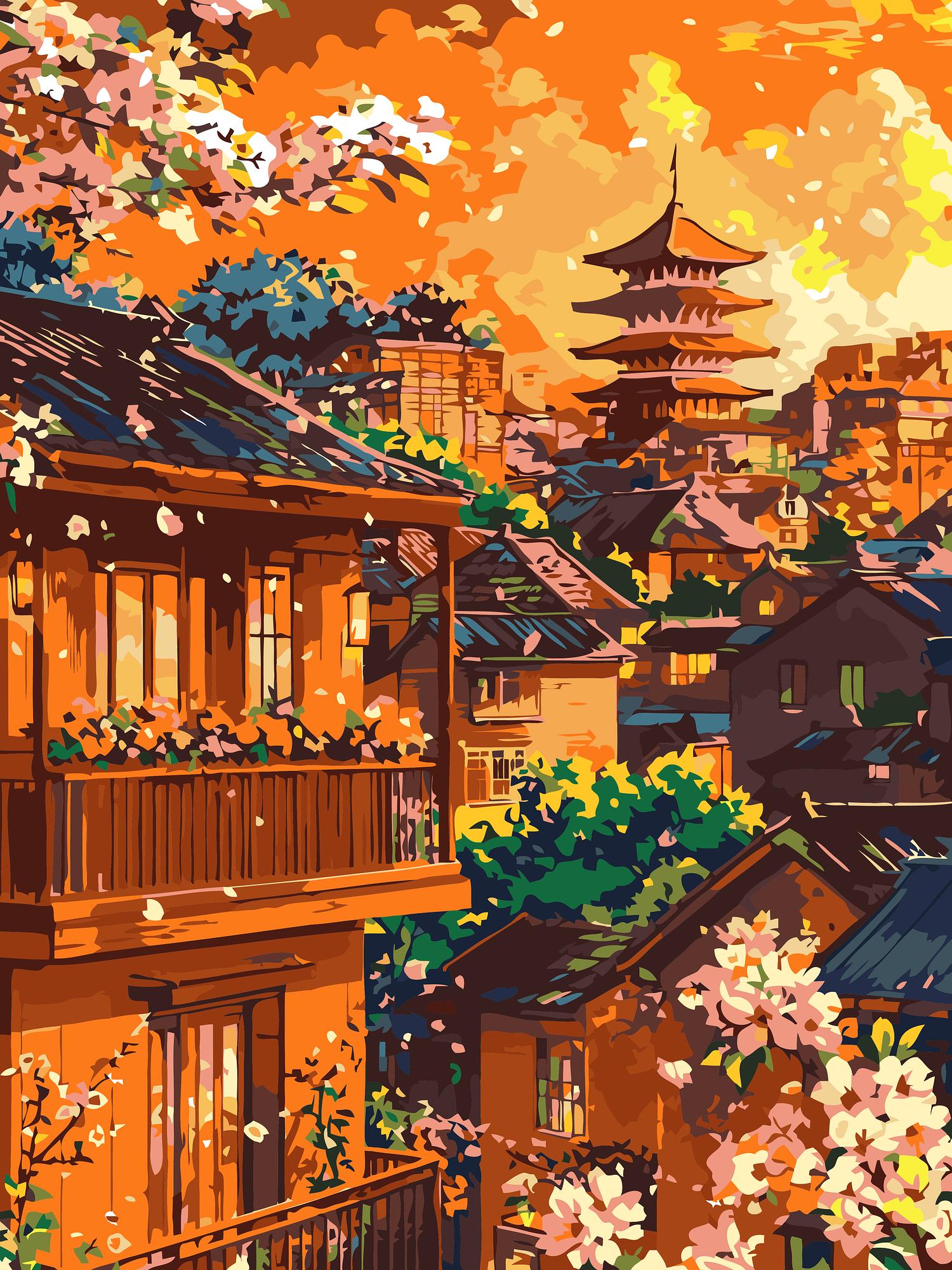 Japanese Village Sunset | Paint By Numbers Kit