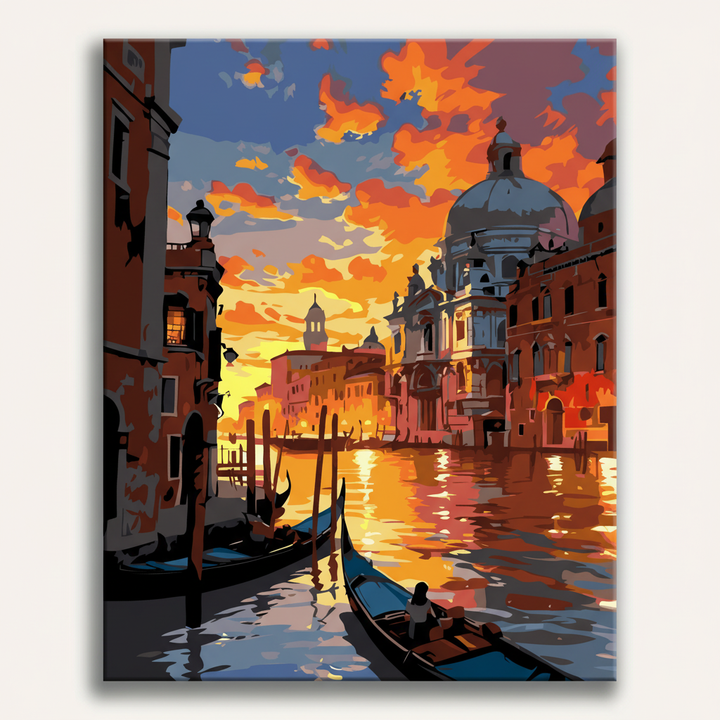 Vibrant painting of a cityscape with gondolas on a canal at sunset.
