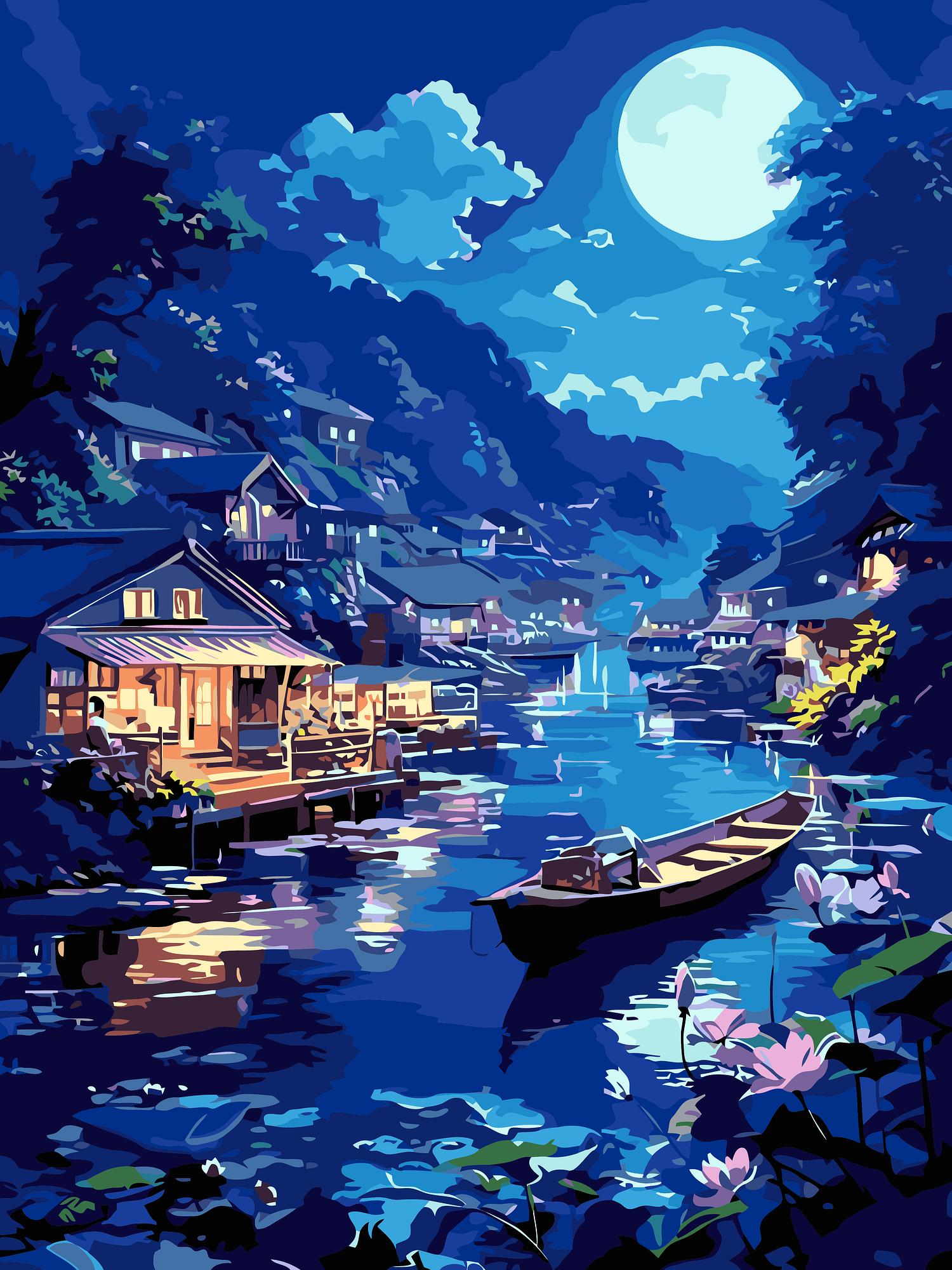 Moonlight Village Painting | Paint By Numbers Kit