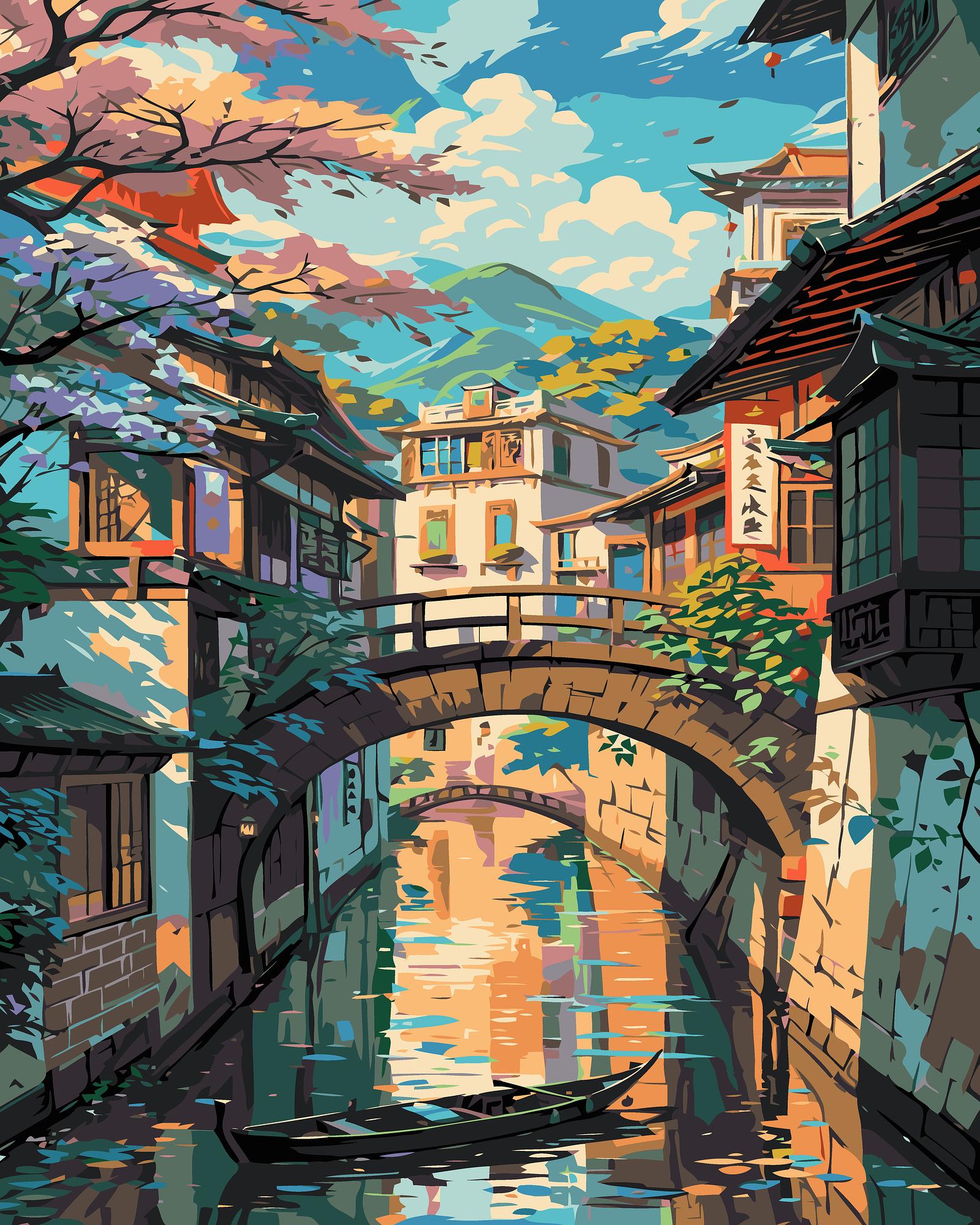 Colorful illustration of a Japanese town with a bridge over a canal and cherry blossoms.