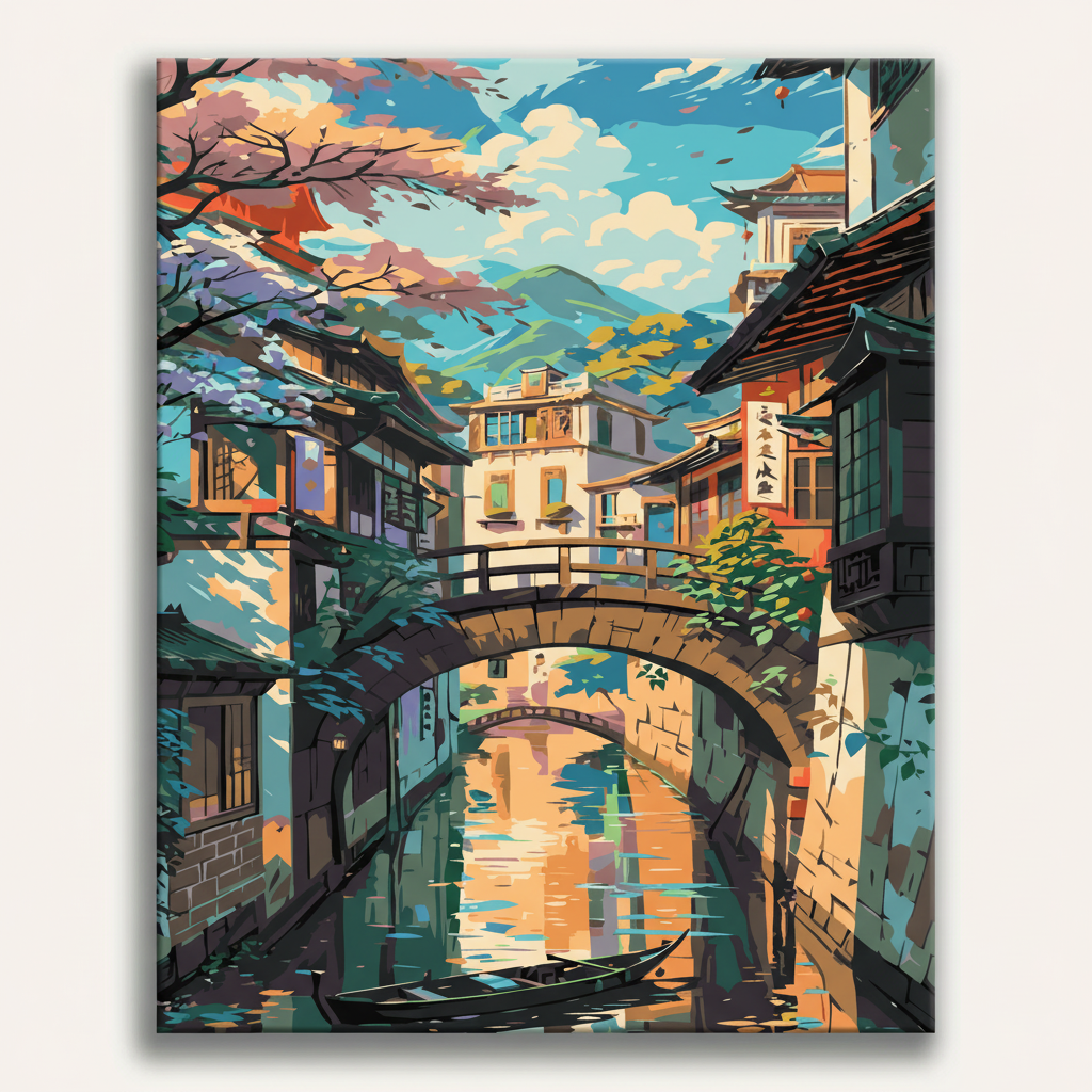 Colorful painting of a traditional Japanese town with a bridge over a canal.