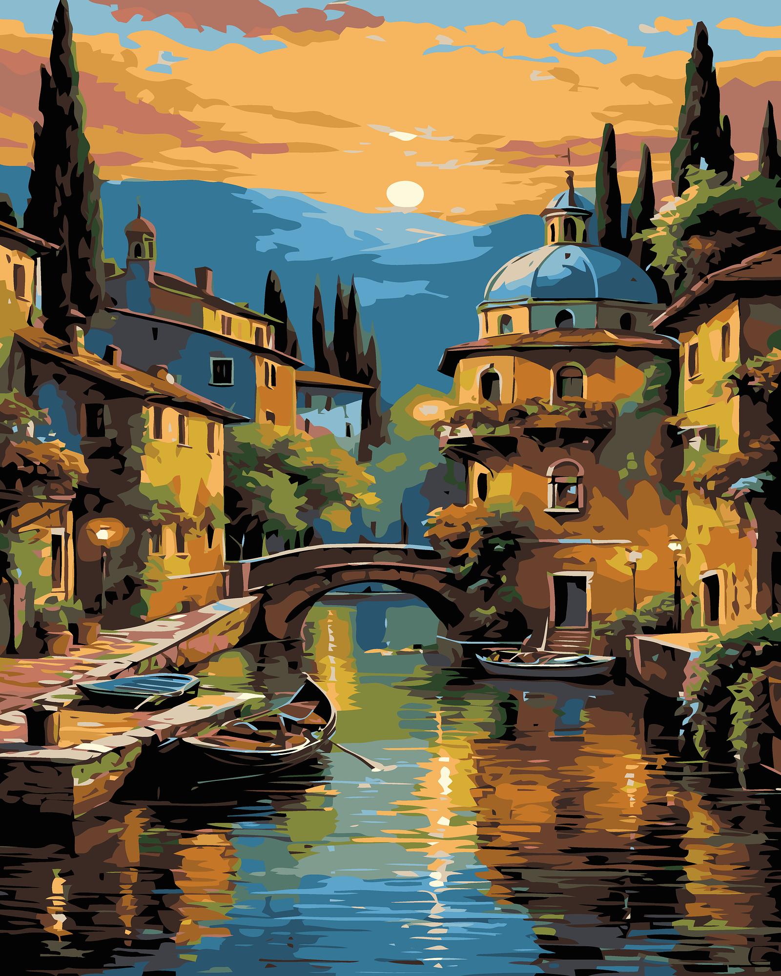 Painting of a canal scene with buildings, boats, and a bridge.
