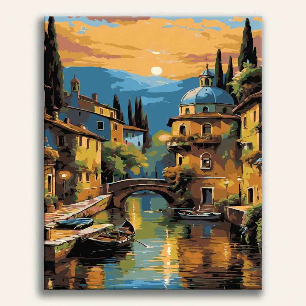 Painting of a scenic town with buildings, boats, and a bridge over water.