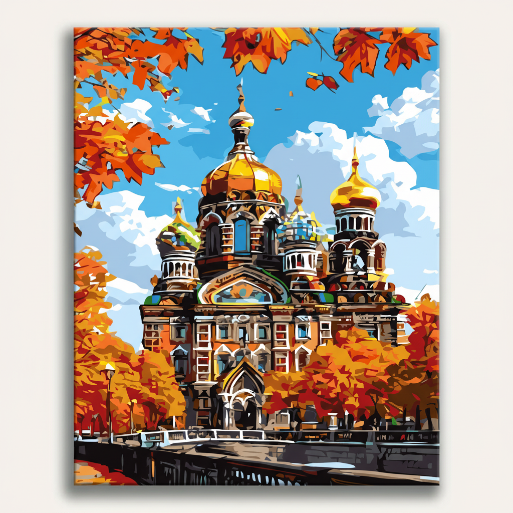 Colorful painting of a cathedral with autumn leaves and trees