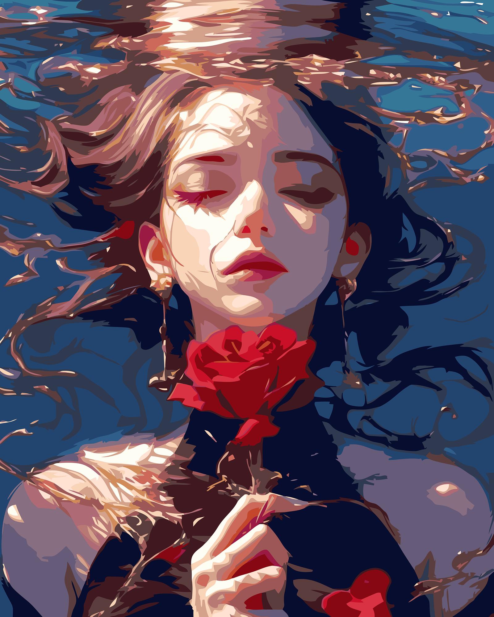 Artistic depiction of a woman underwater holding a red rose