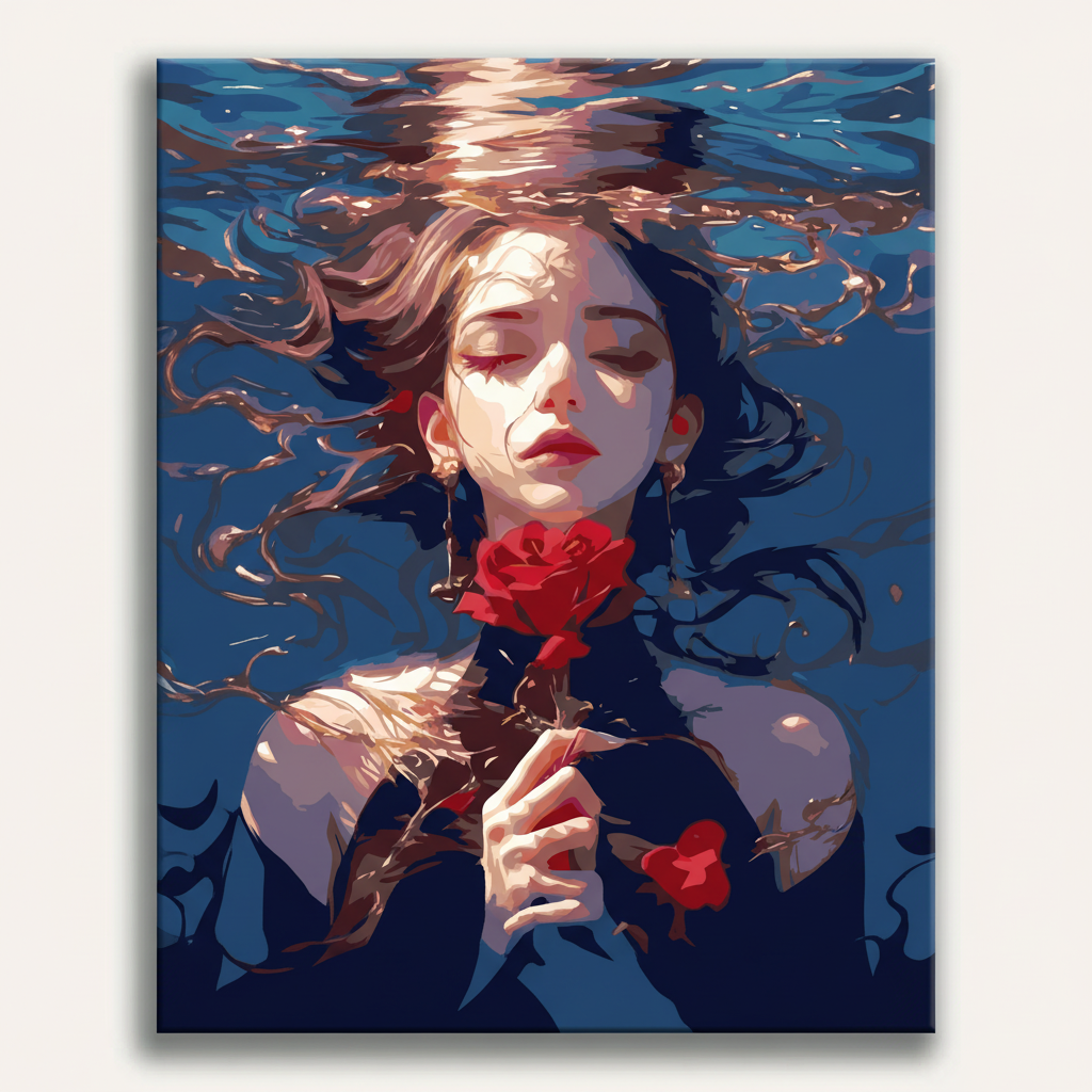 Artistic depiction of a woman underwater holding a red rose