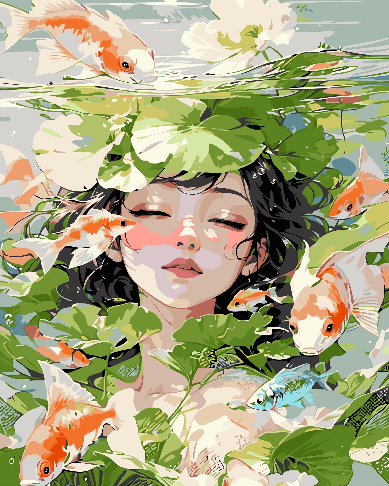 Artistic depiction of a woman surrounded by goldfish and water plants